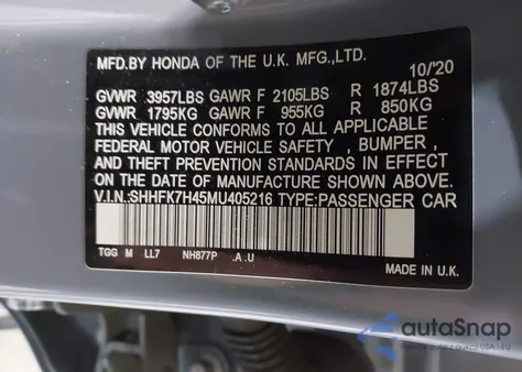 2021 Honda Civic Sport z USA, uszkodzony, nr VIN SHHFK7H45MU405216